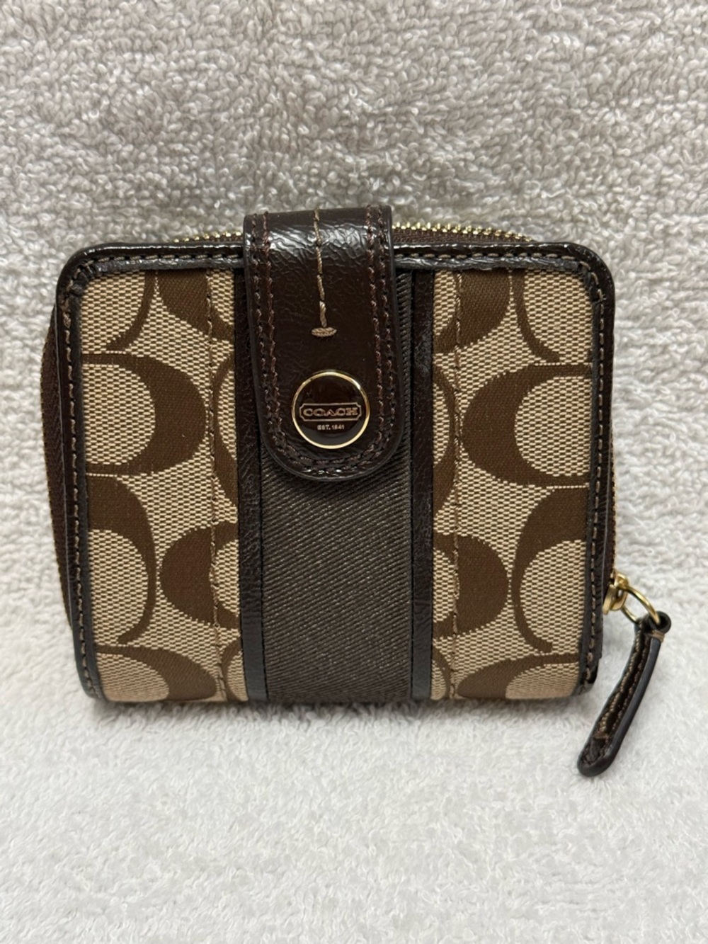 Vintage Coach Brown/Tan Signature Compact Zip Wallet